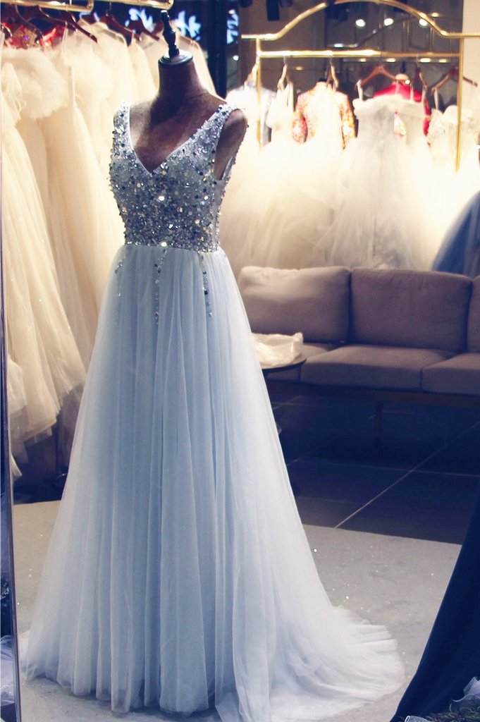 Light Blue Tulle Beaded V Back Long Formal Dress, Blue Prom Dress Wedding Party Dress    cg20004