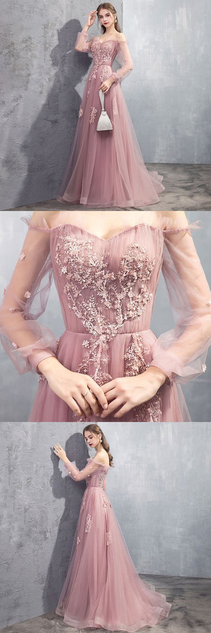 pink tulle lace long A line prom dress, pink evening dress, cheap dress cg5180
