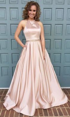 halter neck long satin pink prom dress,ball gowns prom dress,satin gowns,long prom dresses  cg7120