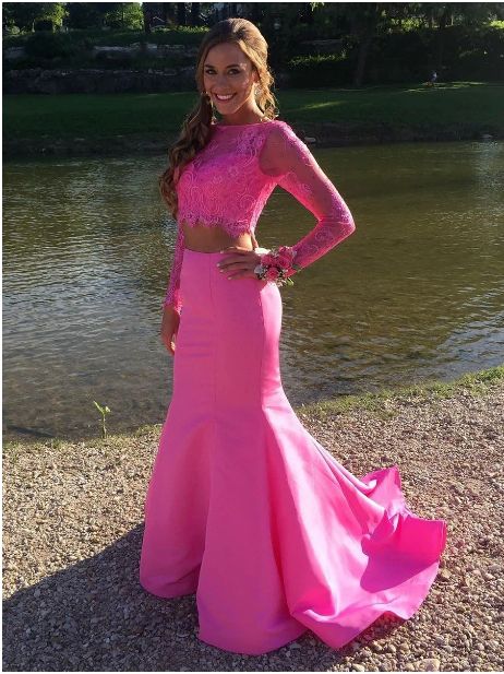 Amazing Mermaid Long Sleeve Satin Lace Two Pieces Long Pink Prom Dress 2020,prom dress  cg8097