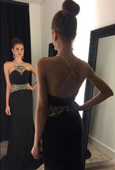 Mermaid Jewel Backless Sweep Train Criss-Cross Straps Black Prom Dress with Beading  cg8871