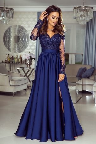 navy blue prom dresses long sleeve satin lace appliqué deep v neck elegant cheap prom gown  cg9140