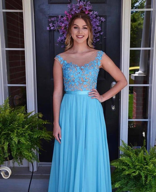 Blue Prom Dress,Chiffon Prom Gown,Appliques Evening Dress,A-Line Prom Gown   cg9434