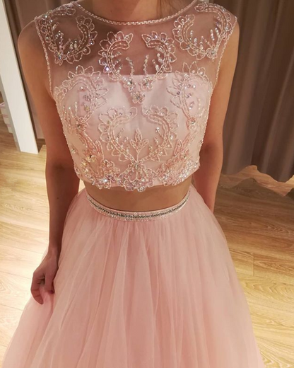 Pink Prom Dress,Tulle Prom Gown,Two Pieces Evening Dress,Beading Prom Gown   cg9444