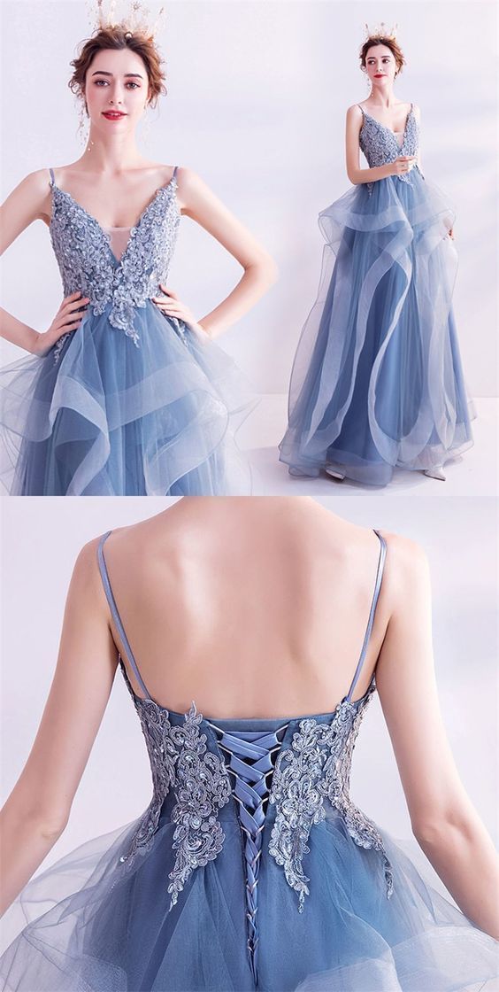 Sequined Top Ruffled Light Blue Prom Dress Formal Gown   cg9891