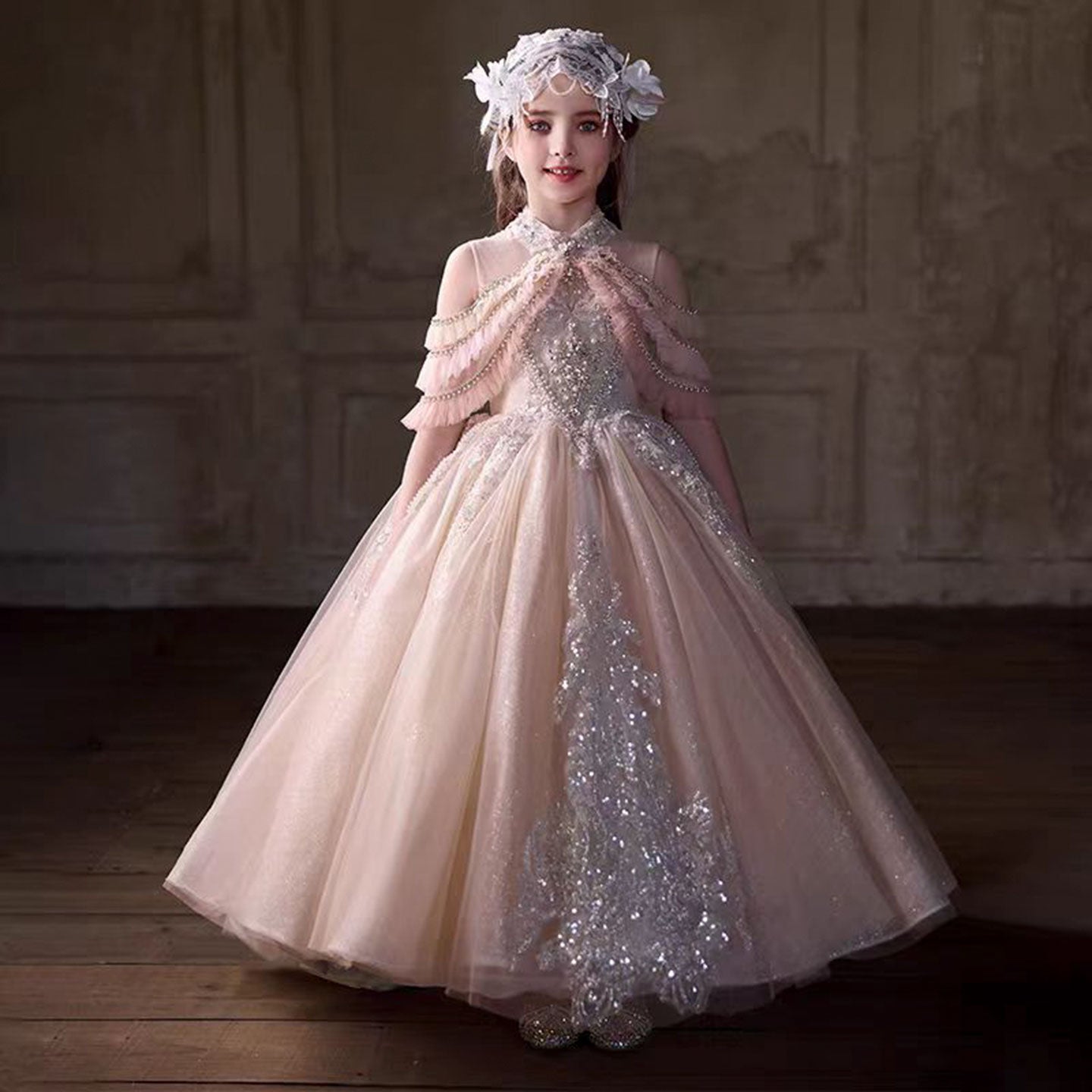 Champagne Luxury Flower Girl Dress for Birthday and Wedding Party J033