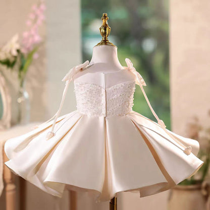 Flower Girl Dress with Stain Pearls for Birthday Wedding Party J582