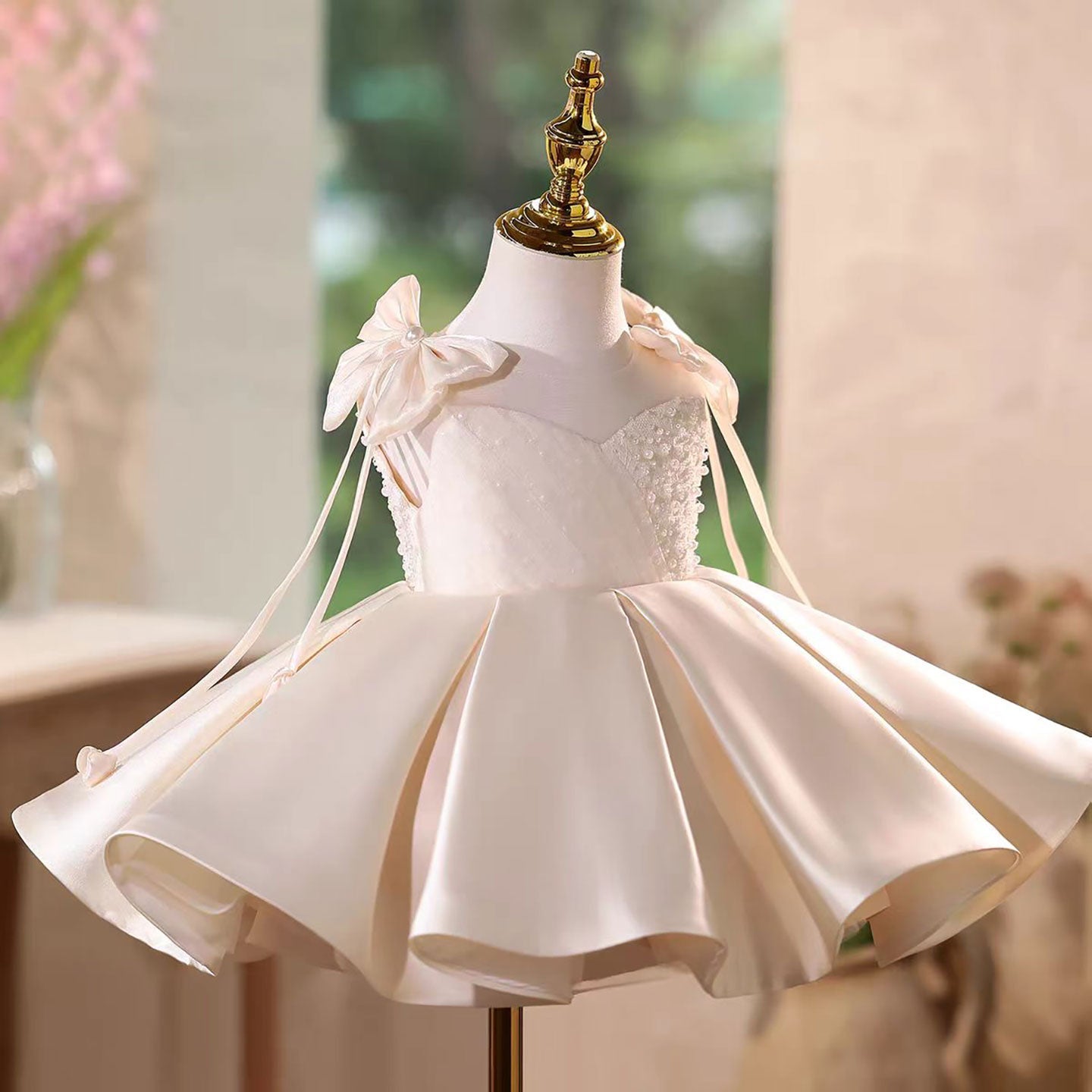 Flower Girl Dress with Stain Pearls for Birthday Wedding Party J582