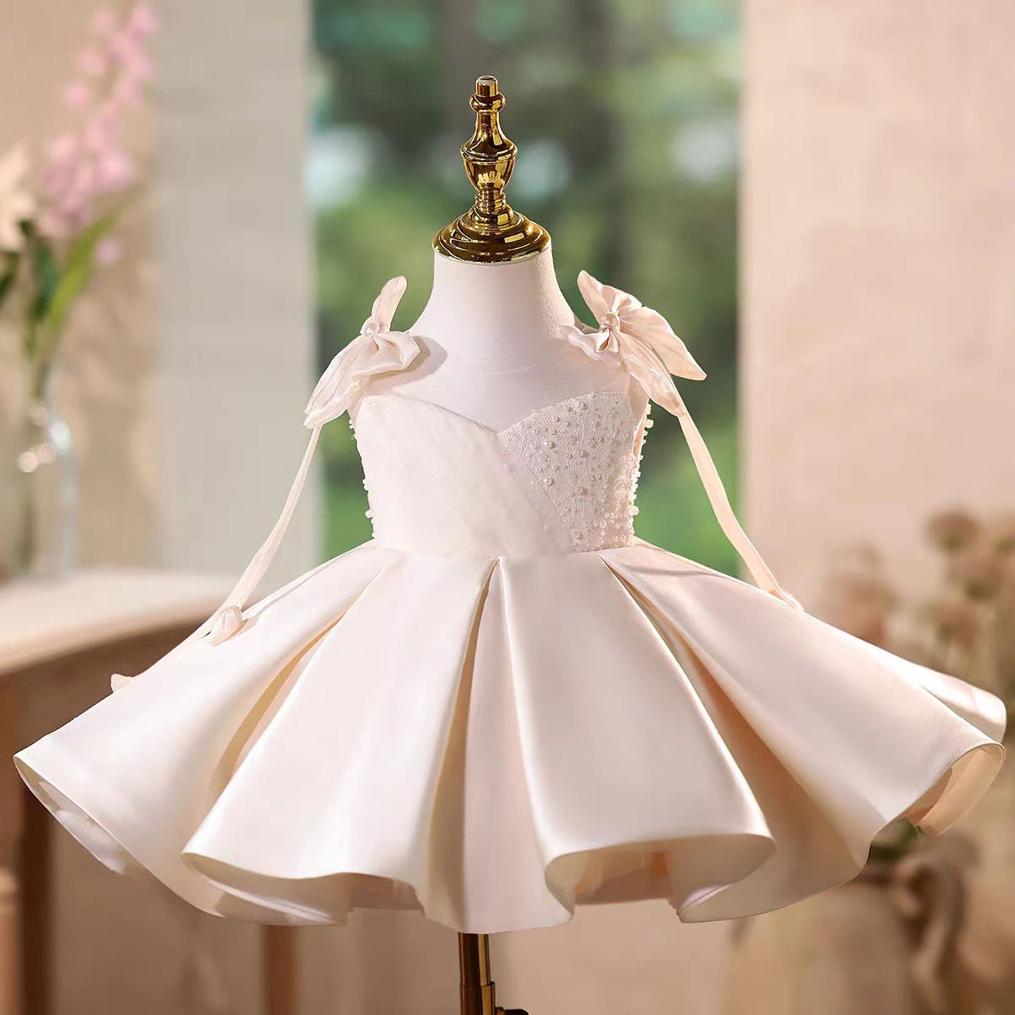 Flower Girl Dress with Stain Pearls for Birthday Wedding Party J582