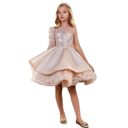 Charming Princess Champagne Flower Girl Dress Birthday Party Outfit D171