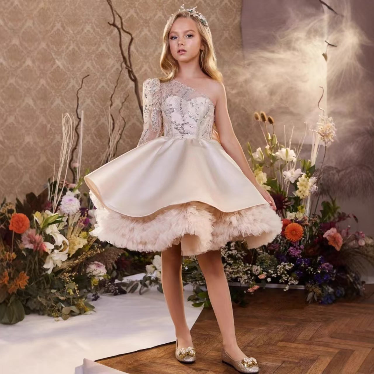 Charming Princess Champagne Flower Girl Dress Birthday Party Outfit D171