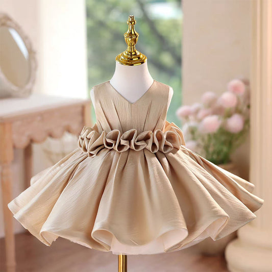 Princess Style Satin Flower Girl Dress with Layered Skirt Knee Length J460A