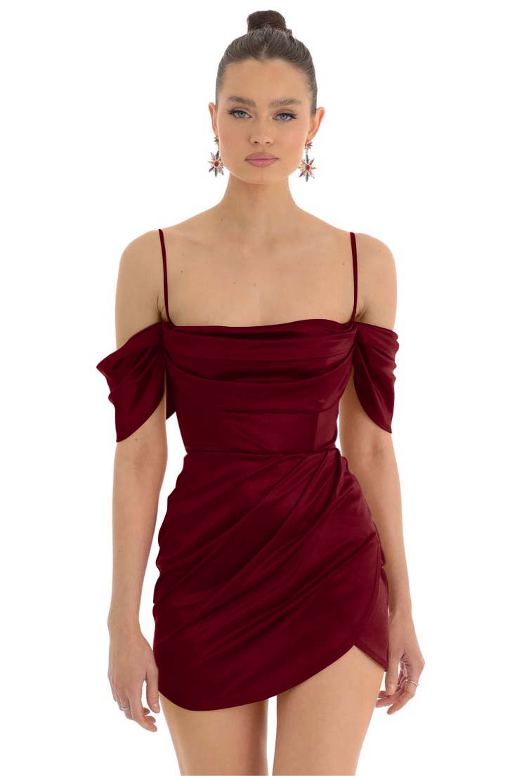 Hellodresses Simple Fuchsia Satin Spaghetti Strap Off the Shoulder Pleated Short Homecoming Dress