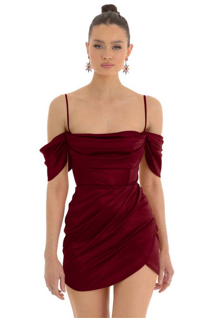 Hellodresses Simple Fuchsia Satin Spaghetti Strap Off the Shoulder Pleated Short Homecoming Dress