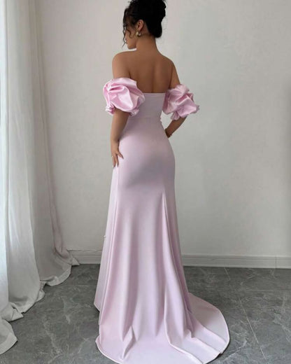 Chic Pink Strapless Bubble Sleeves Beaded Split Prom Dress with Pearl | Zelldresses