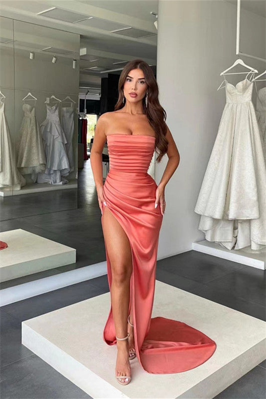 Amazing Coral Strapless Mermaid Prom Dress Split Long With Pleats | Zelldresses