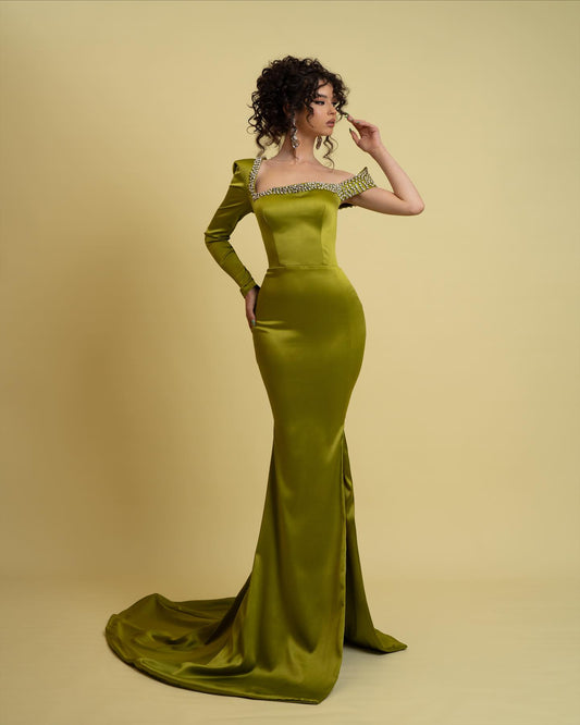 Hellodresses Mustard Green Elegant One Long Sleeve Beading Mermaid Split Prom Dress