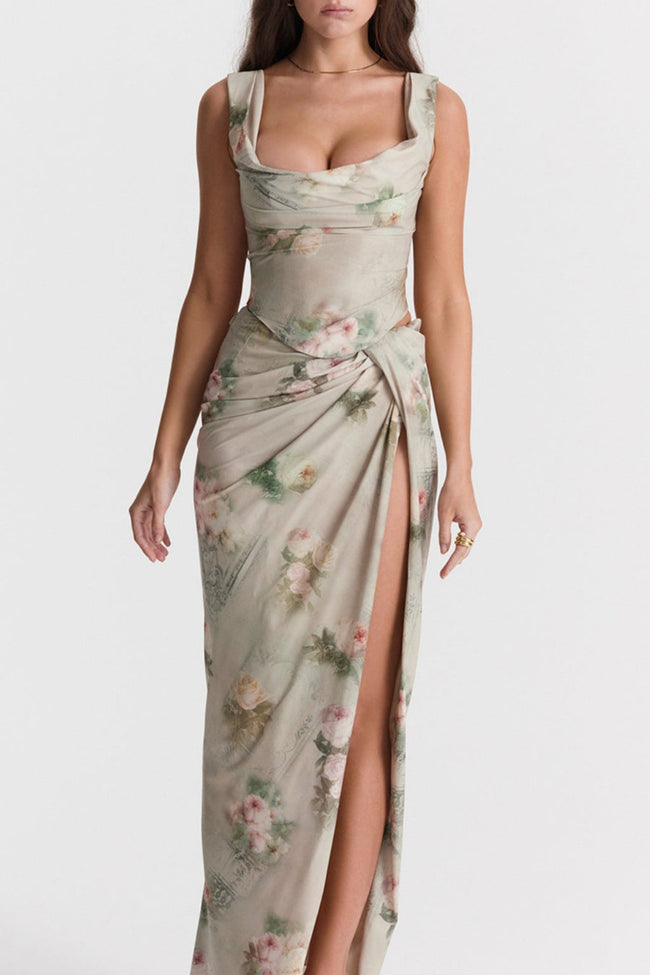 Chic Summer White Prints Straps With High Slit Prom Dress | Zelldresses