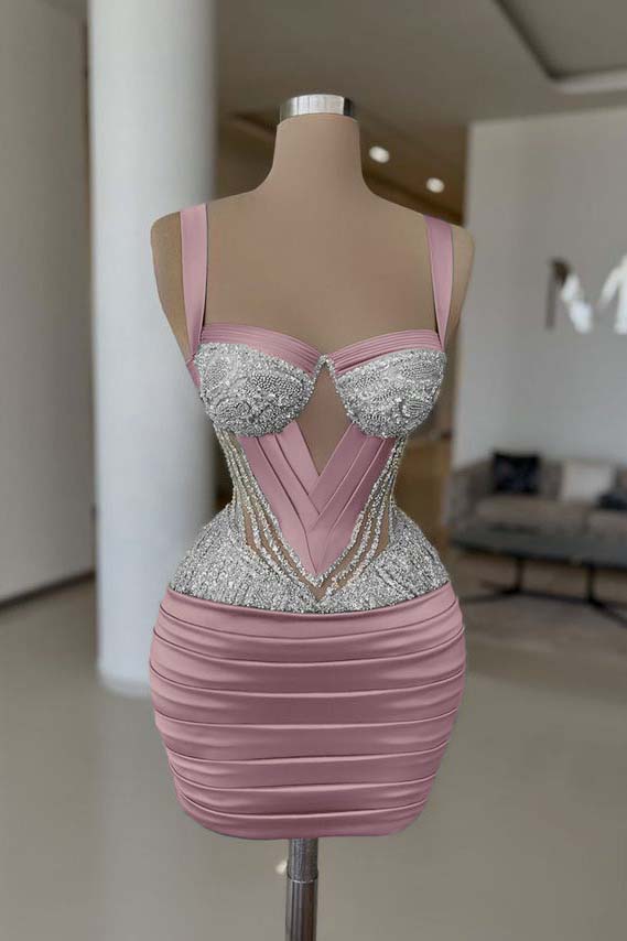 Straps Sleeveless Short Homecoming Dress With Pleated Beading HC0159