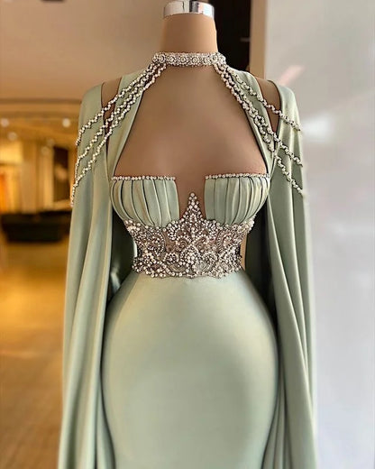 Elegant Halter Green Prom Dress Long Shawl Mermaid Dress HT0051