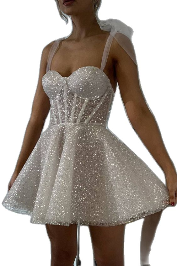 Glamorous White Sequins Spaghetti Strap Sleeveless Short Homecoming Dress with Ruffles