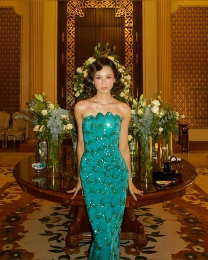 Gorgeous Sheath Strapless Bead Sequin Green Satin Long Sweep Party Dress with Slit SH2713