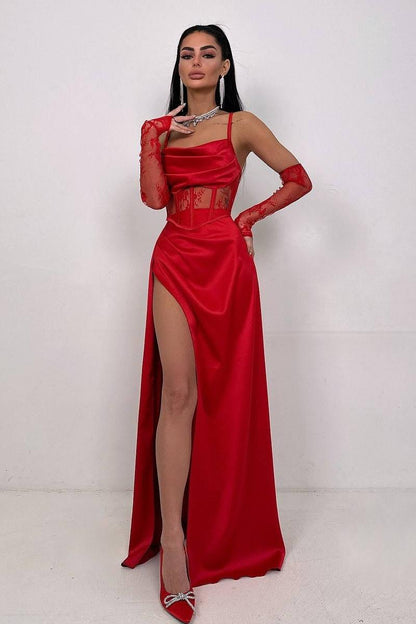 Chic Black Satin Halter Strapless Sleeveless Lace Split Prom Dress with Gloves | Zelldresses