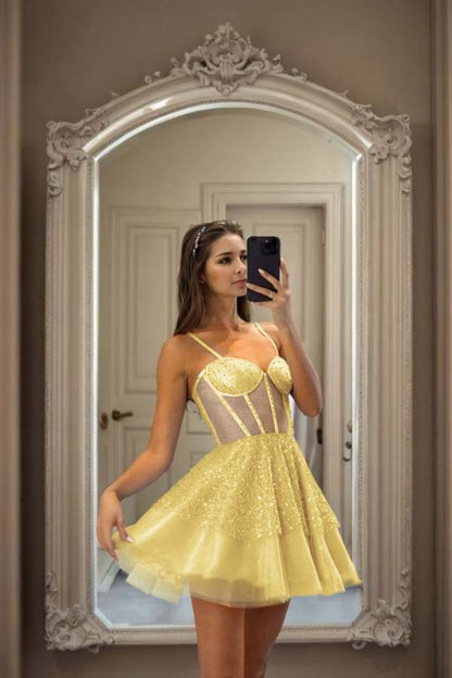 Hellodresses Sky Blue Spaghetti Strap Sweetheart Short Homecoming Dress With Sequins