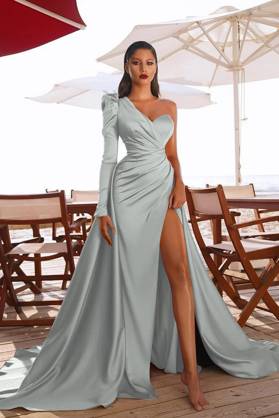 One Shoulder Long Sleeves Prom Dres With Split PD0105