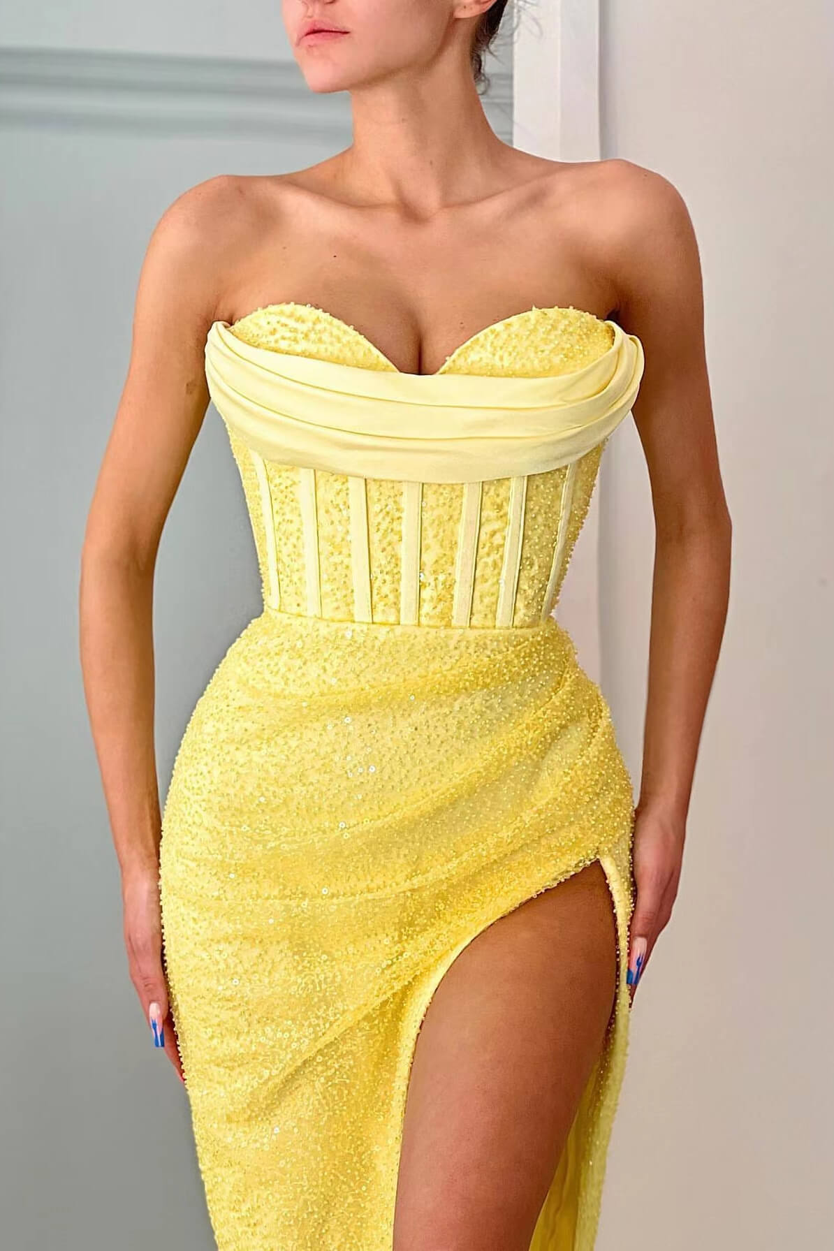 Daffodil Sweetheart Split Prom Dress Mermaid Sequins | Zelldresses