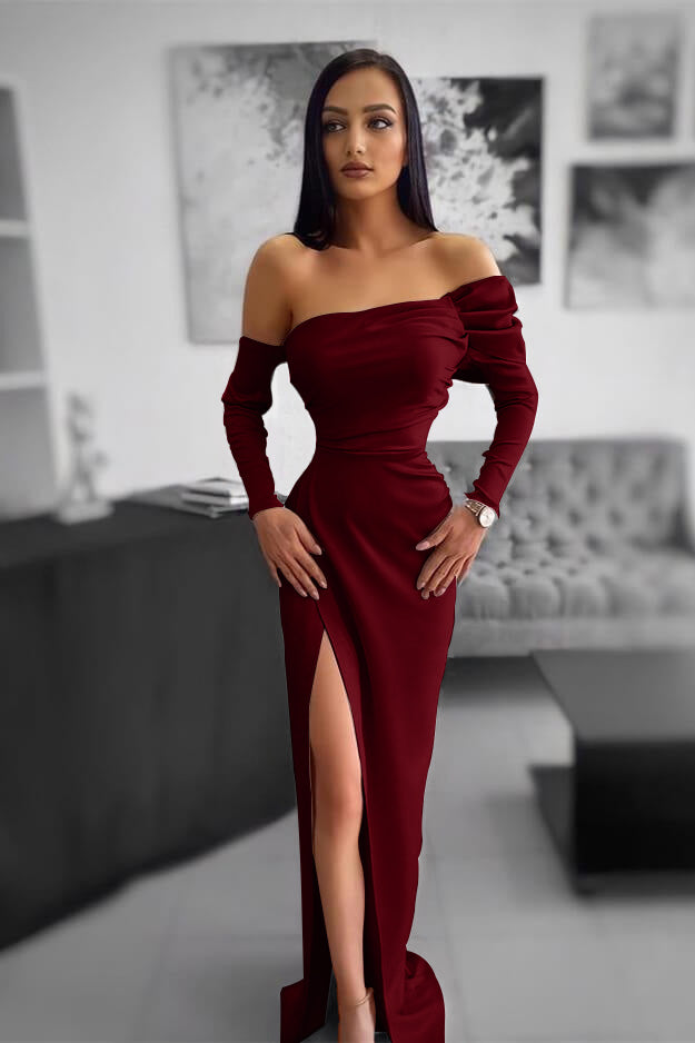 Elegant Lotus Root Pink Prom Dress Half-Sleeves Strapless Pleated with Slit ED0572