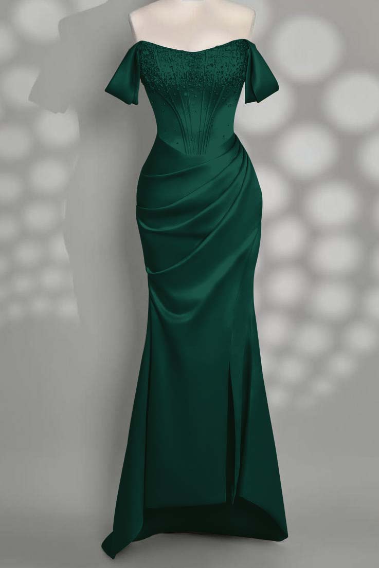 Charming Taupe Satin Off the Shoulder Strapless Long Split Prom Dress with Beadings | Zelldresses