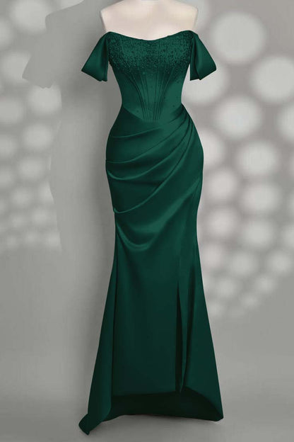 Charming Taupe Satin Off the Shoulder Strapless Long Split Prom Dress with Beadings | Zelldresses