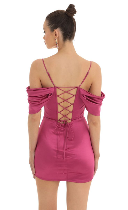 Hellodresses Simple Fuchsia Satin Spaghetti Strap Off the Shoulder Pleated Short Homecoming Dress