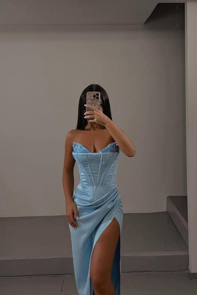 Charming Sky Blue Satin Strapless Sleeveless Long Split Prom Dress with Sequins | Zelldresses