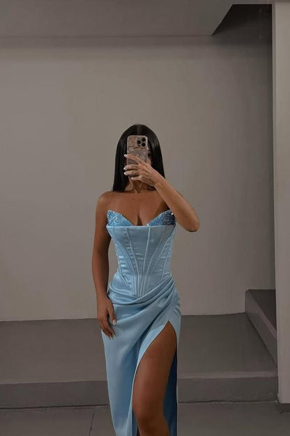 Charming Sky Blue Satin Strapless Sleeveless Long Split Prom Dress with Sequins | Zelldresses