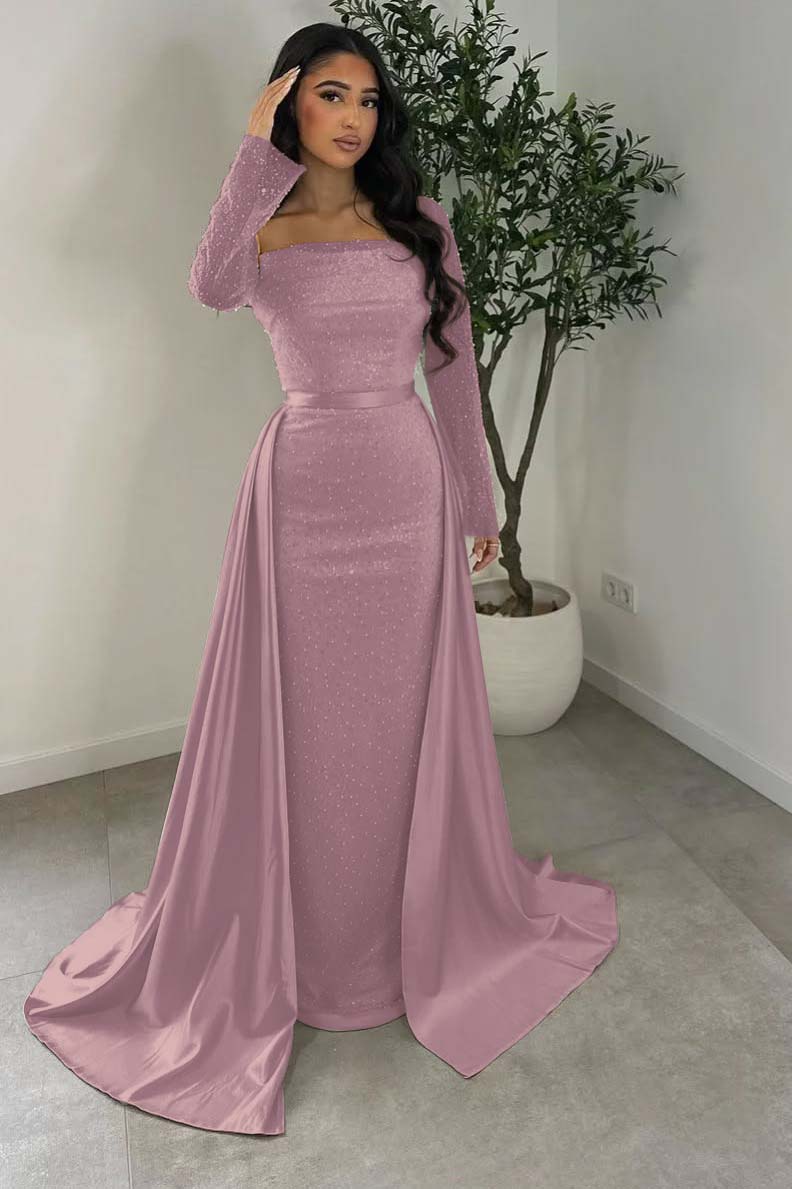 Long Sleeves Square Neck Long Mermaid Prom Dress With Beading HS0005