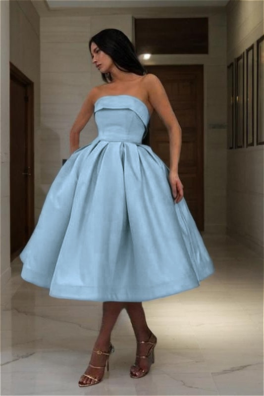 Charming Satin Strapless Sleeveless A Line Short Homecoming Dress with Pleated