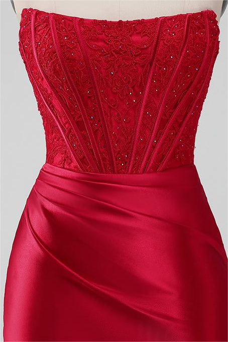 Red Satin Strapless Sleeveless Pleated Short Homecoming Dress with Embroidery HC0005