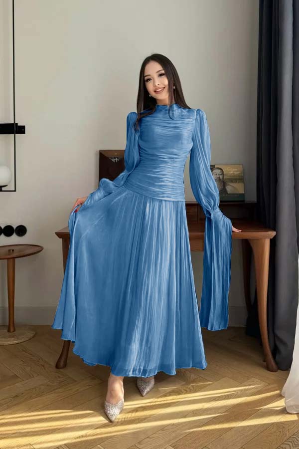 Playful Blue High-Neck Prom Dress Long Sleeves Pleated Floor Length CY0252