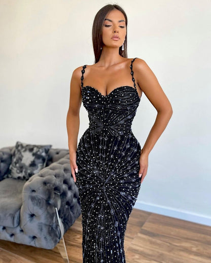 Hellodresses Chic Sleeveless Mermaid Beading Spaghetti Strap Black Prom Dress