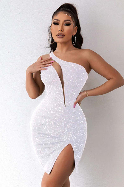 Hellodresses Black One Shoulder Sleeveless Short Homecoming Dress Sequins With Split