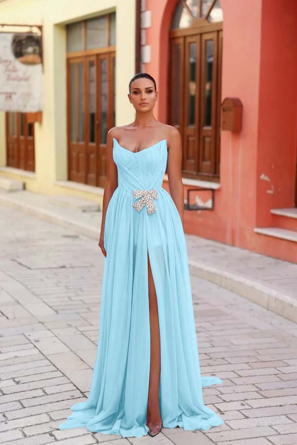 Strapless Sleeveless Long Split Prom Dress With Pleated Beading WQ0269