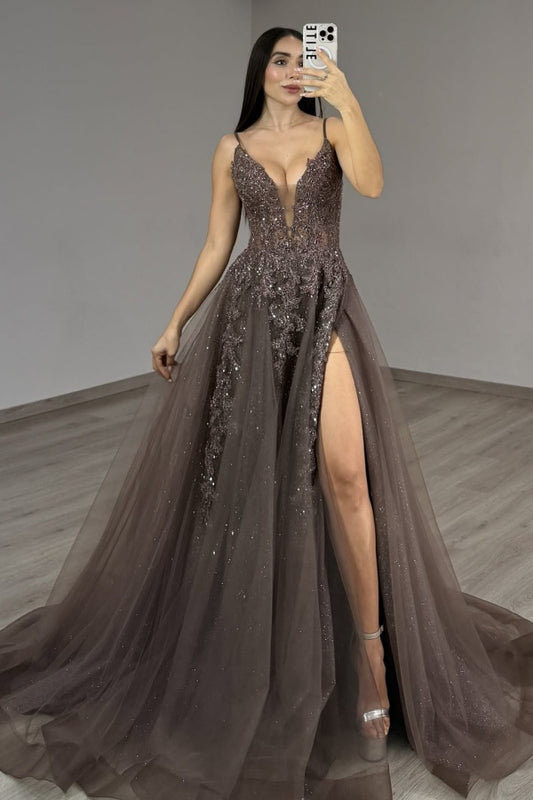 Chic Tulle Spaghetti Strap Applique Sequins Sleeveless Split Prom Dress | Zelldresses