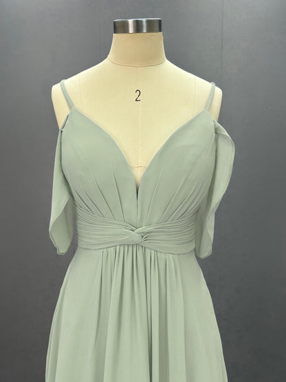 Hellodresses Elegant Spaghetti Straps Off-The-Shoulder Long Pleated Split Chiffon Bridesmaid Dress With Ruffles