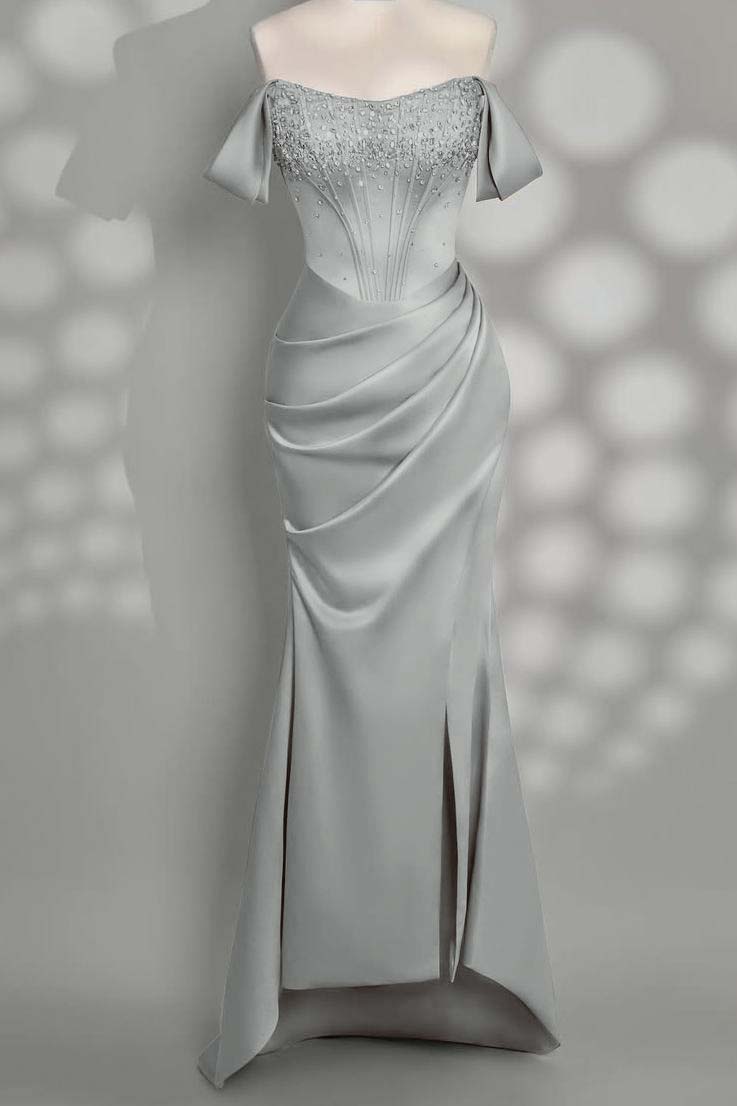 Charming Taupe Satin Off the Shoulder Strapless Long Split Prom Dress with Beadings | Zelldresses