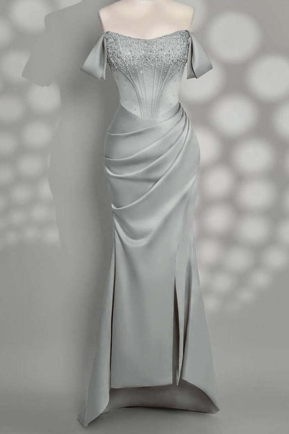 Charming Taupe Satin Off the Shoulder Strapless Long Split Prom Dress with Beadings | Zelldresses