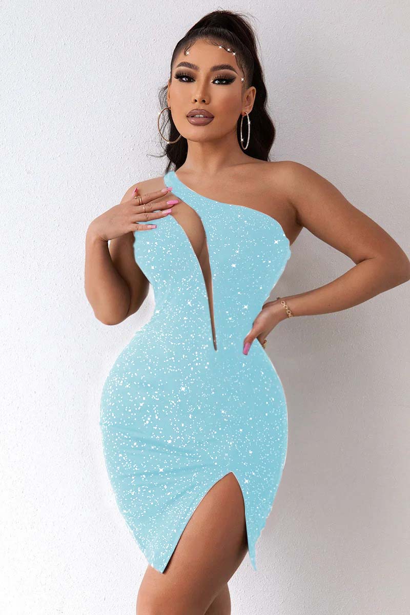 Hellodresses Black One Shoulder Sleeveless Short Homecoming Dress Sequins With Split