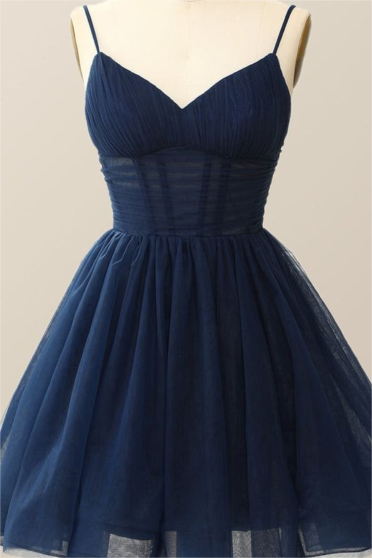 Dark Navy Tulle Spaghetti Strap Sleeveless Pleated A-Line Homecoming Dress HC0019