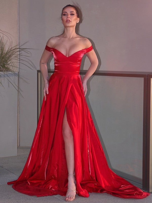 Red Off-the-Shoulder Long Evening Dress Split PD0216